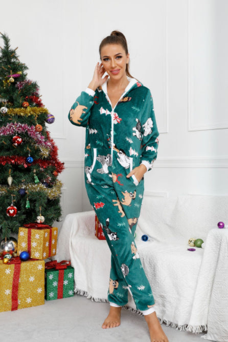 Red Hat Flannel Printed Jumpsuit Pajamas Home Clothing
