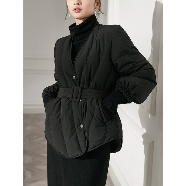Women's V-neck Tight Waist Warm And Slimming Down Jacket
